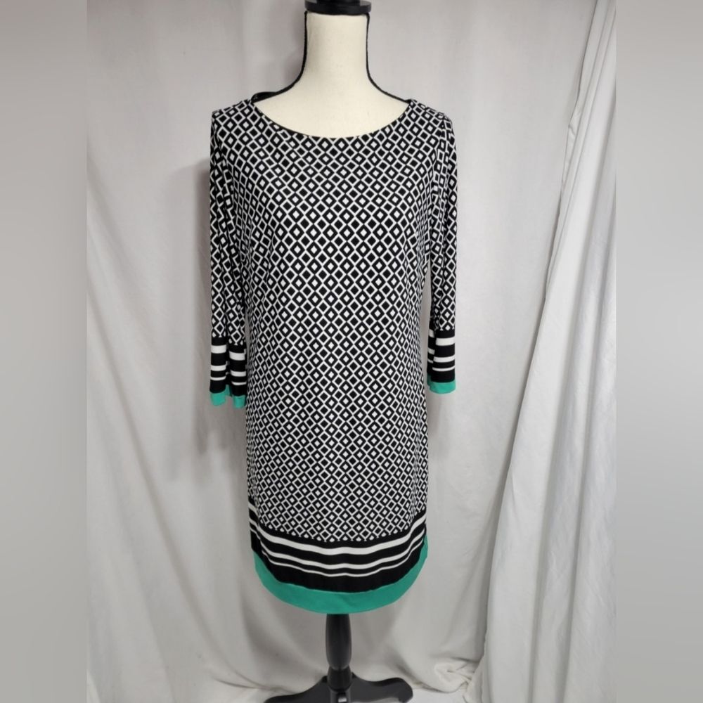 Donna Ricco Geometric Sheath Dress Sz 8 Black Cream Green Accent Stretch Midi